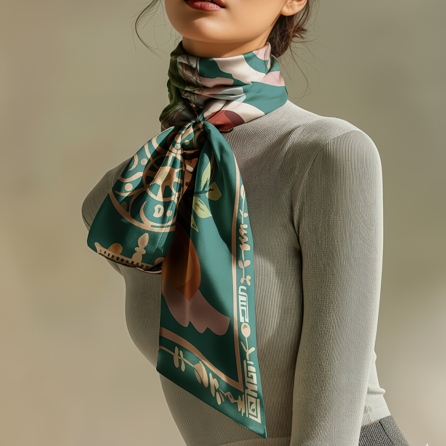 Luxury silk scarf by NOE MI, Gown Stories artwork in green and terracotta palette, square scarf with artistic design for collectors and fashion lovers across the world.