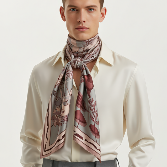 NOE MI Ginger Lace silk scarf, square accessory featuring surreal design with dragonflies, flowers, and symbolic details in pink and ivory palette.