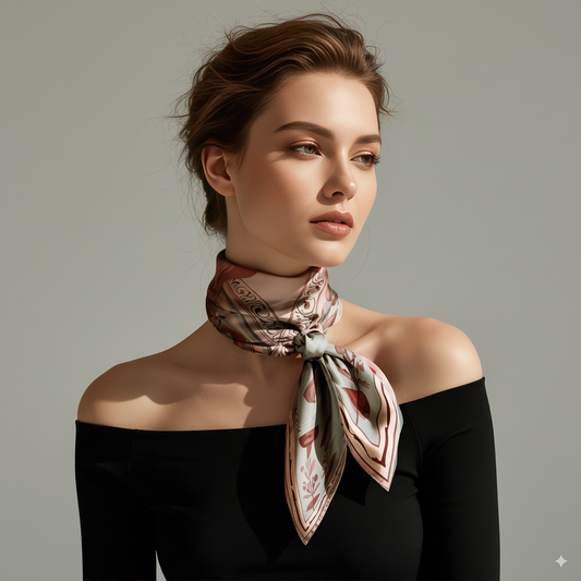 Woman wearing a printed silk twill scarf around her neck . The palette flows in shades of dusty rose, cool light grey and burgundy