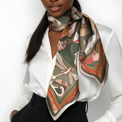 NOE MI Golden Threads silk scarf, luxury square scarf in blush pink, olive green, and golden tones, featuring feminine surreal artwork with dragonflies, bird, and symbolic motifs.