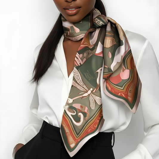 NOE MI Golden Threads silk scarf, luxury square scarf in blush pink, olive green, and golden tones, featuring feminine surreal artwork with dragonflies, bird, and symbolic motifs.