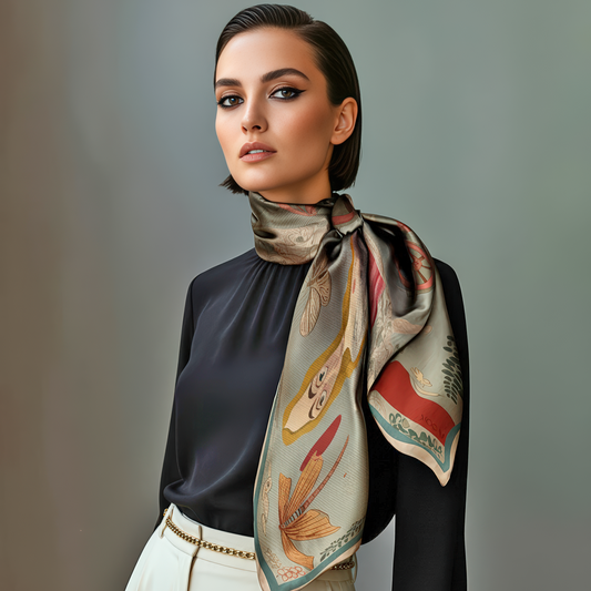 NOE MI silk twill scarf, luxury wearable art in green and red palette, featuring symbolic feminine portrait with botanical and celestial details.