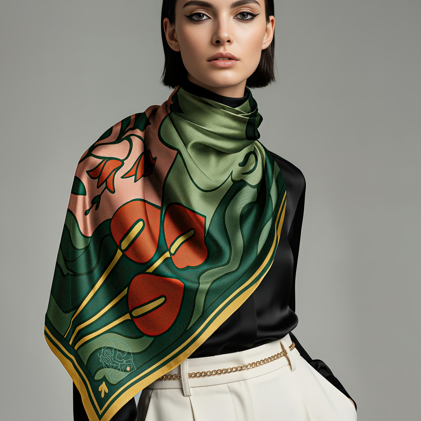 Designer silk scarf by NOE MI, Green Gaze print with symbolic feminine profile, surreal storytelling artwork in green and coral palette, luxury wearable art.