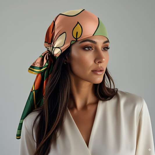 NOE MI Green Gaze silk twill scarf, artistic square accessory with feminine surrealist design, butterflies, apple, dove, and floral motifs.