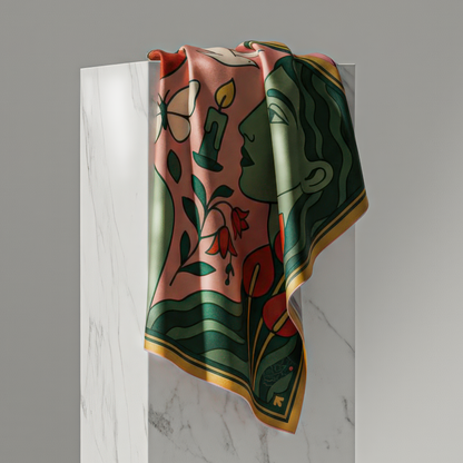 NOE MI designer scarf, Green Gaze artwork in emerald green and coral hues, feminine surrealist storytelling with symbolic apple and butterflies.