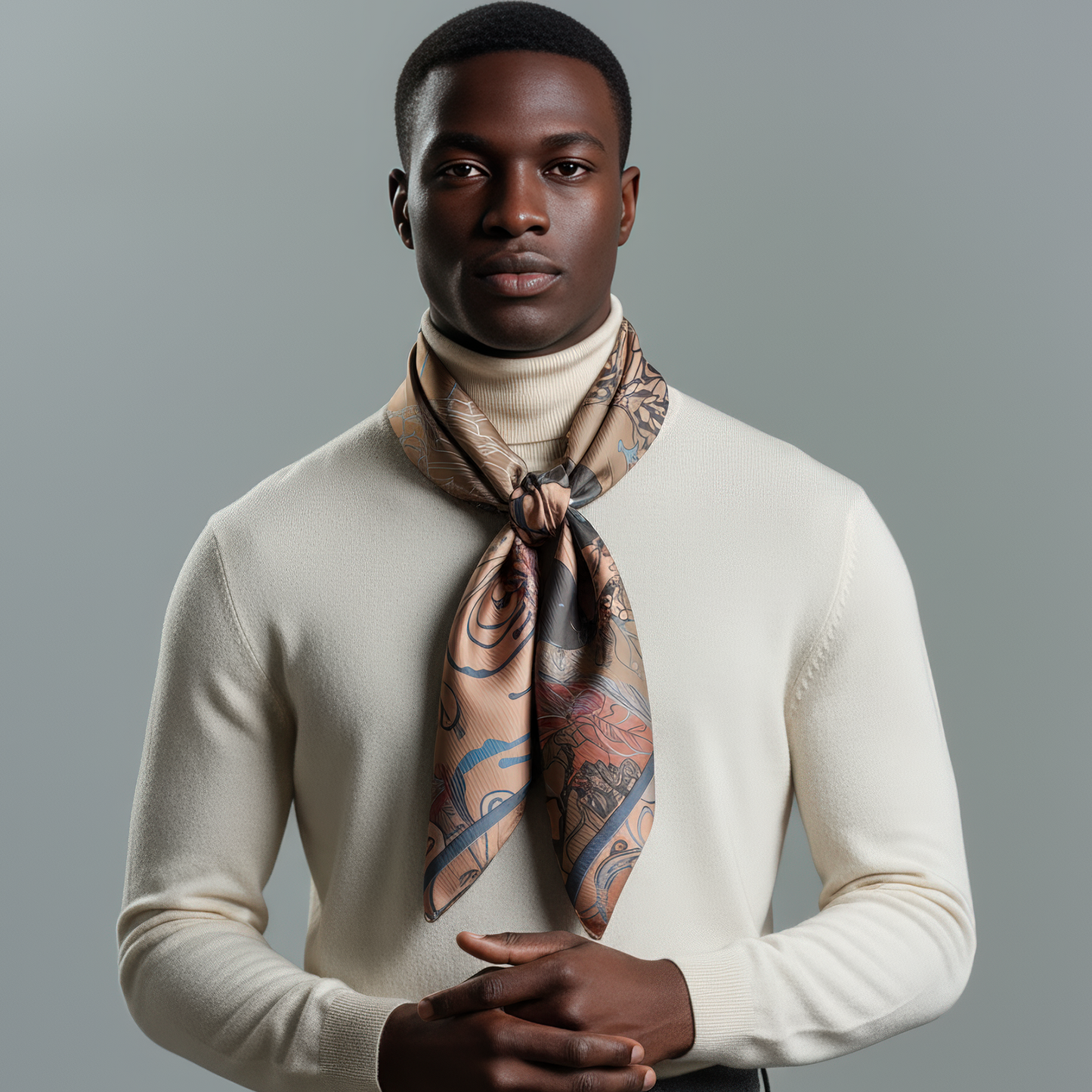 High-end scarf for men with dark artistic motifs, ideal for men seeking a unique and expressive fashion statement in silk or chiffon