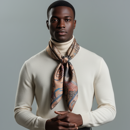 High-end scarf for men with dark artistic motifs, ideal for men seeking a unique and expressive fashion statement in silk or chiffon