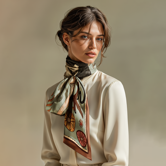 Modern illustrated silk scarf with surreal symbolism, Empowering design with emotional narrative and dreamlike composition by NOE MI