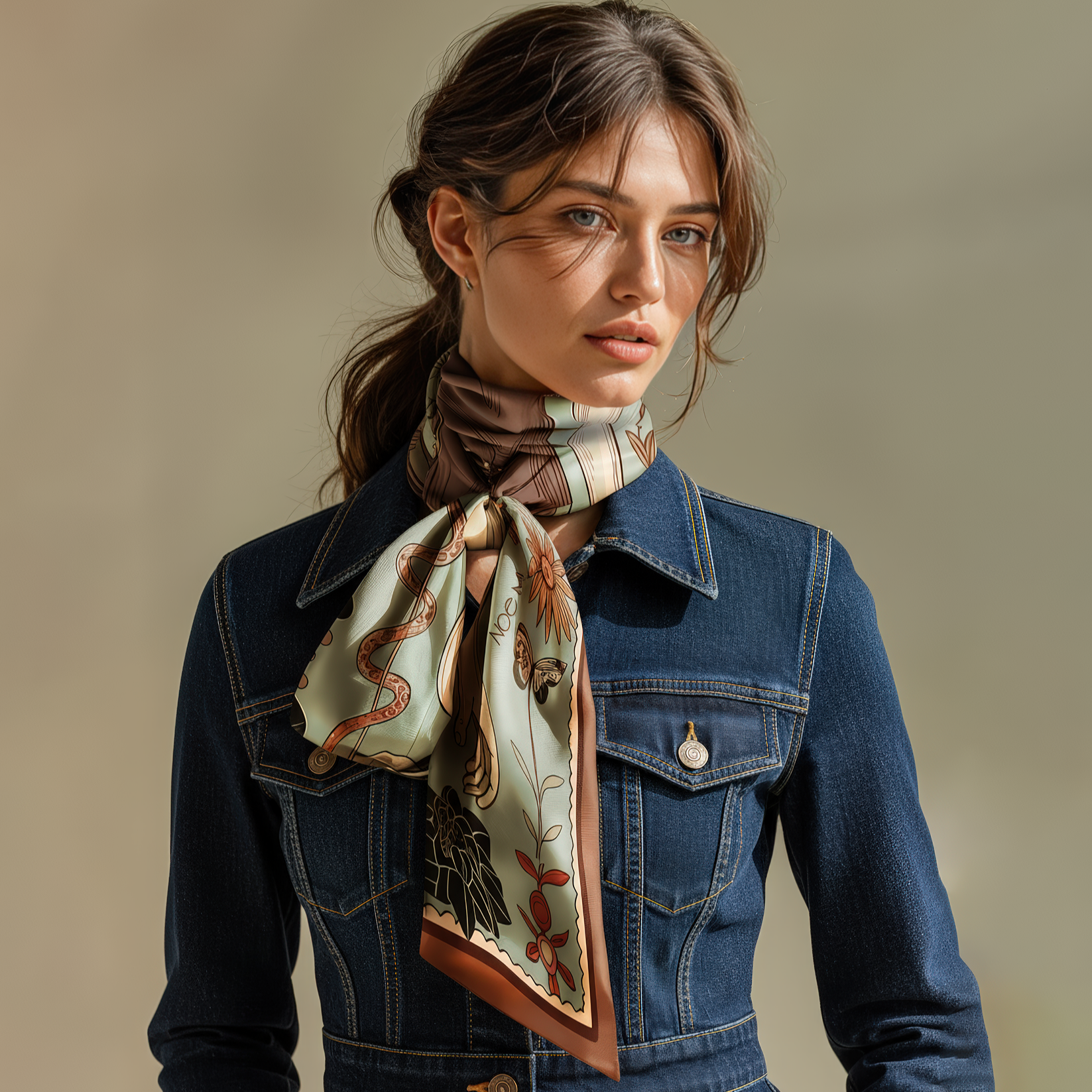 Fashionable illustrated square silk scarf representing feminine duality in warm earth tones by NOEMI