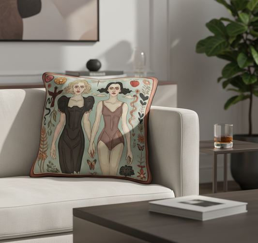 Square velvet cushion featuring two surreal women holding hands, surrounded by black hearts, a snake, apple, and butterflies, bold symbolic art for emotional interiors by NOE MI