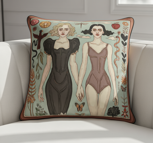 Contemporary statement cushion in earthy tones with poetic dual female figures , perfect for art lovers and collectors. Design by NOE MI 