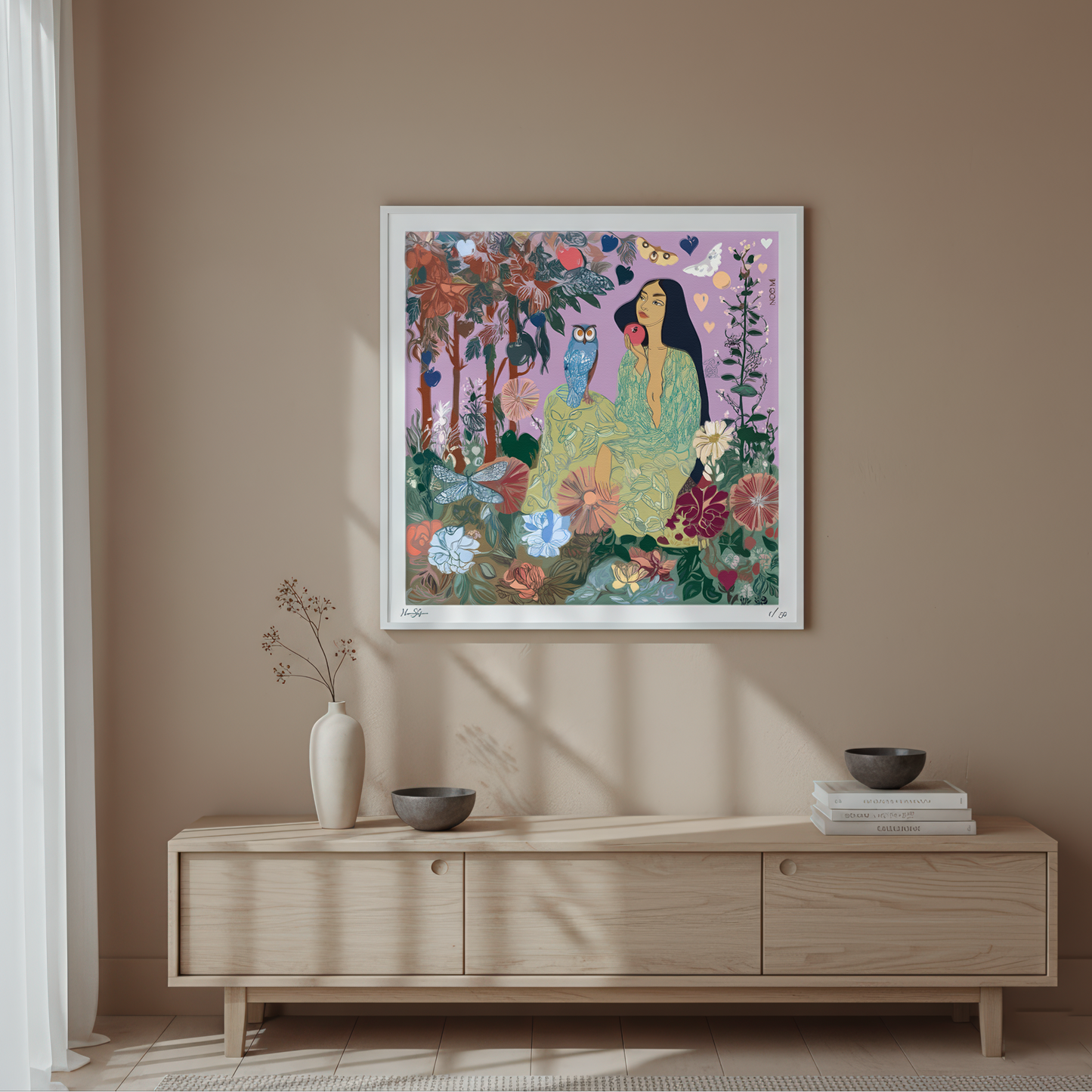 Square NOE MI art print with a poetic feminine figure and a mystical owl, blending symbolism and emotion in a surreal visual composition for stylish interiors.