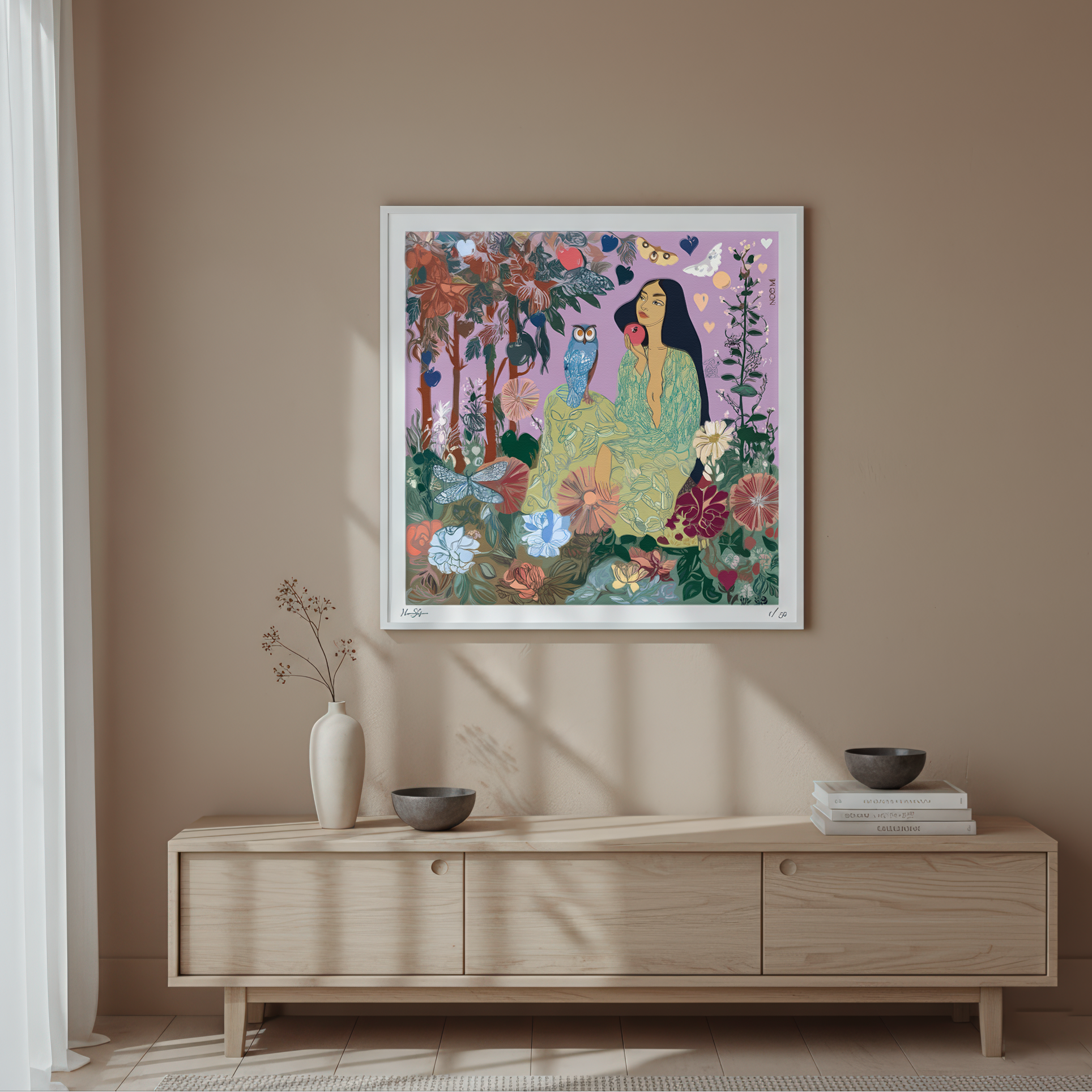 Square NOE MI art print with a poetic feminine figure and a mystical owl, blending symbolism and emotion in a surreal visual composition for stylish interiors.