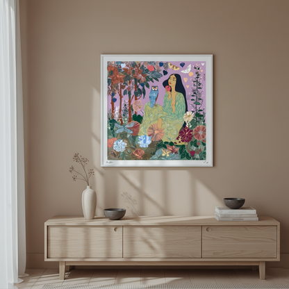 Square NOE MI art print with a poetic feminine figure and a mystical owl, blending symbolism and emotion in a surreal visual composition for stylish interiors.
