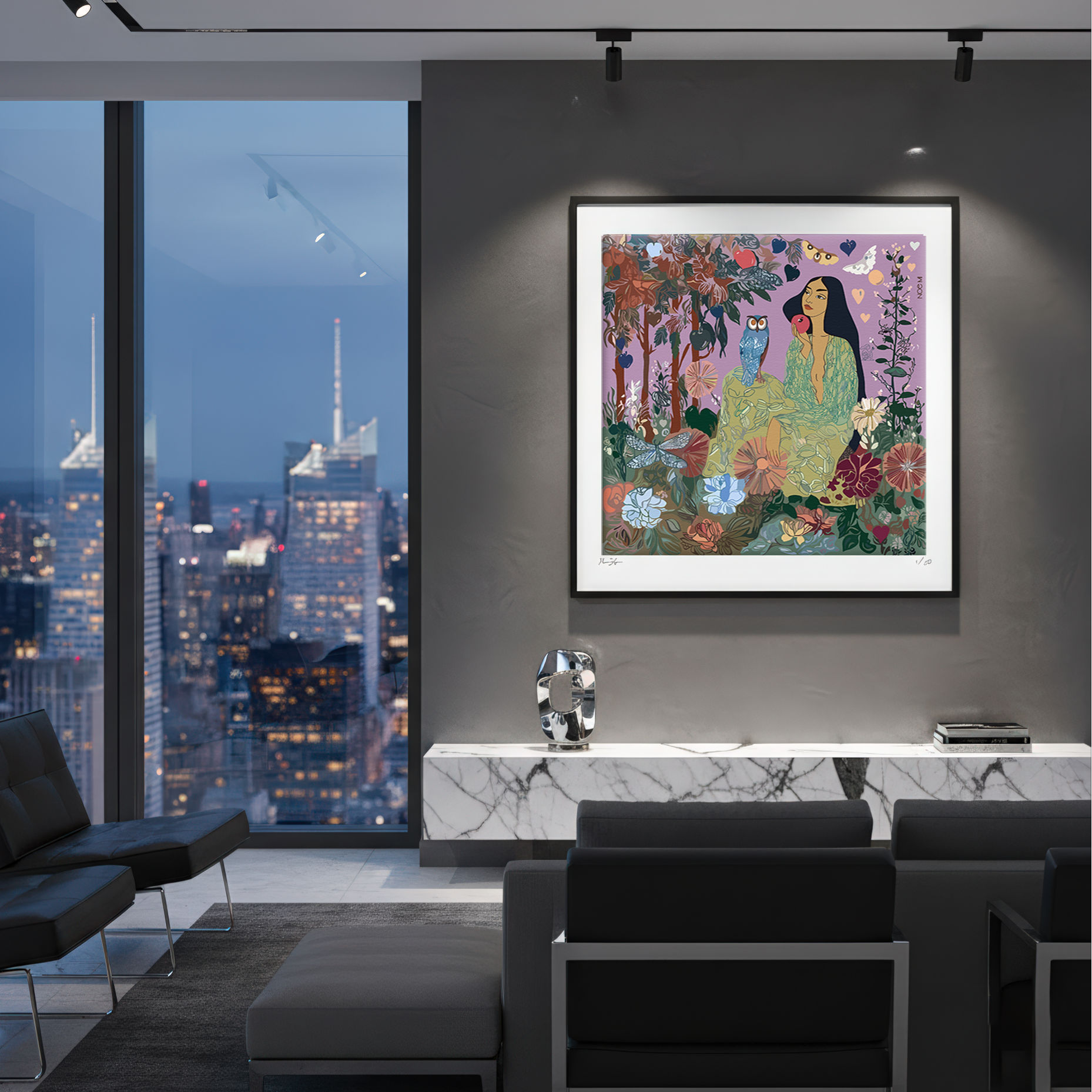 High-end decorative print from NOE MI, The Owl Knows, perfect for fashion-forward homes seeking depth, wisdom, and artistic storytelling.