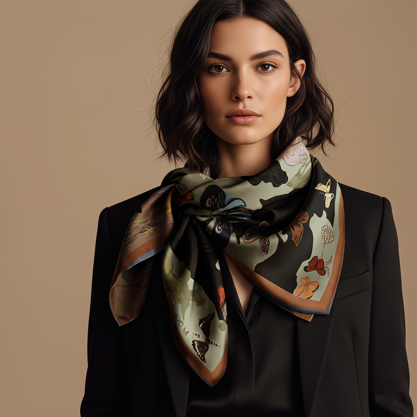 Square silk scarf showing a dreamy scene of friendship and feminine mystery with butterfly motifs and blooming flowers by NOE MI