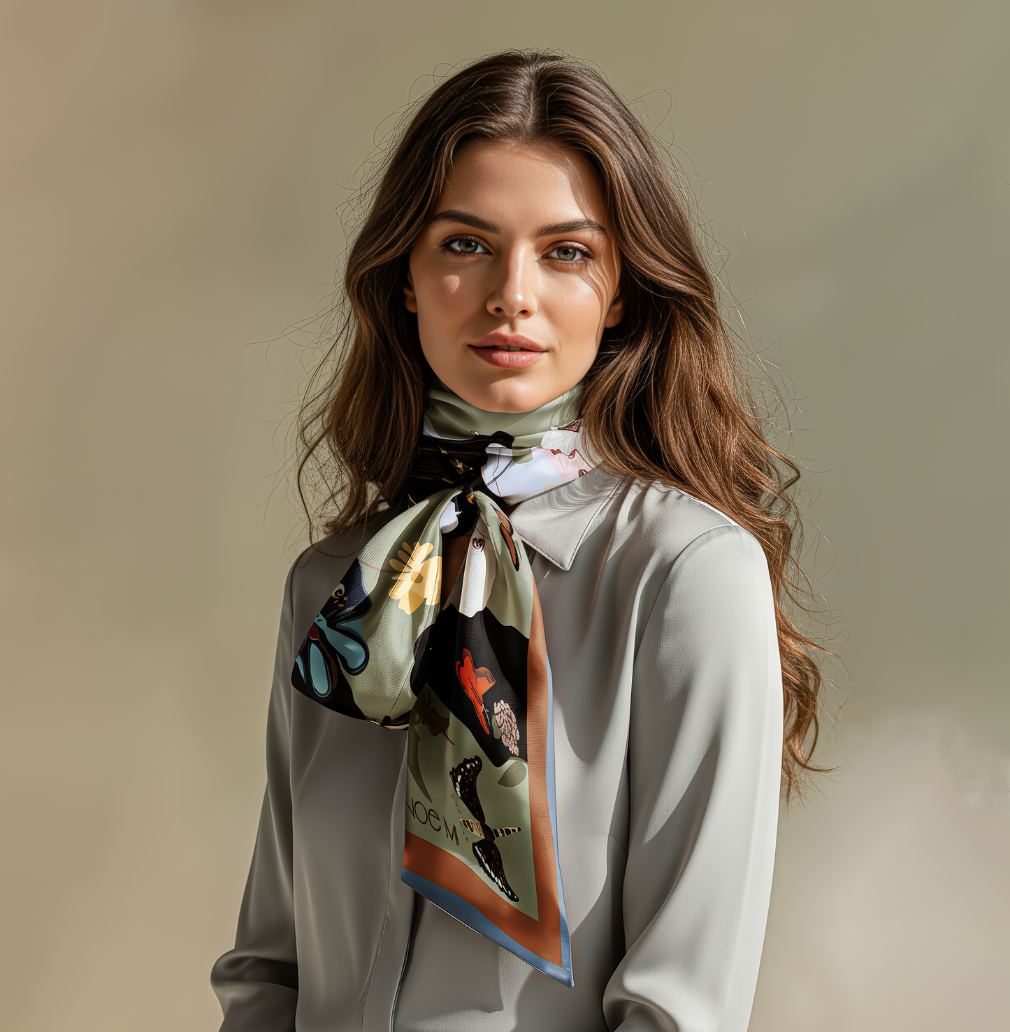 Luxury silk scarf featuring a surreal garden scene with women and butterflies, designed by NOE MI for expressive fashion lovers.