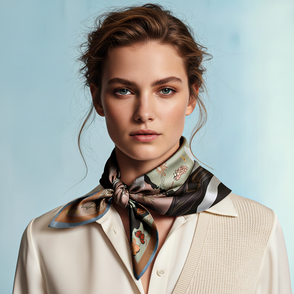 Designer luxurious silk scarf from NOE MI brand capturing a secretive moment between women in a fantasy floral world.