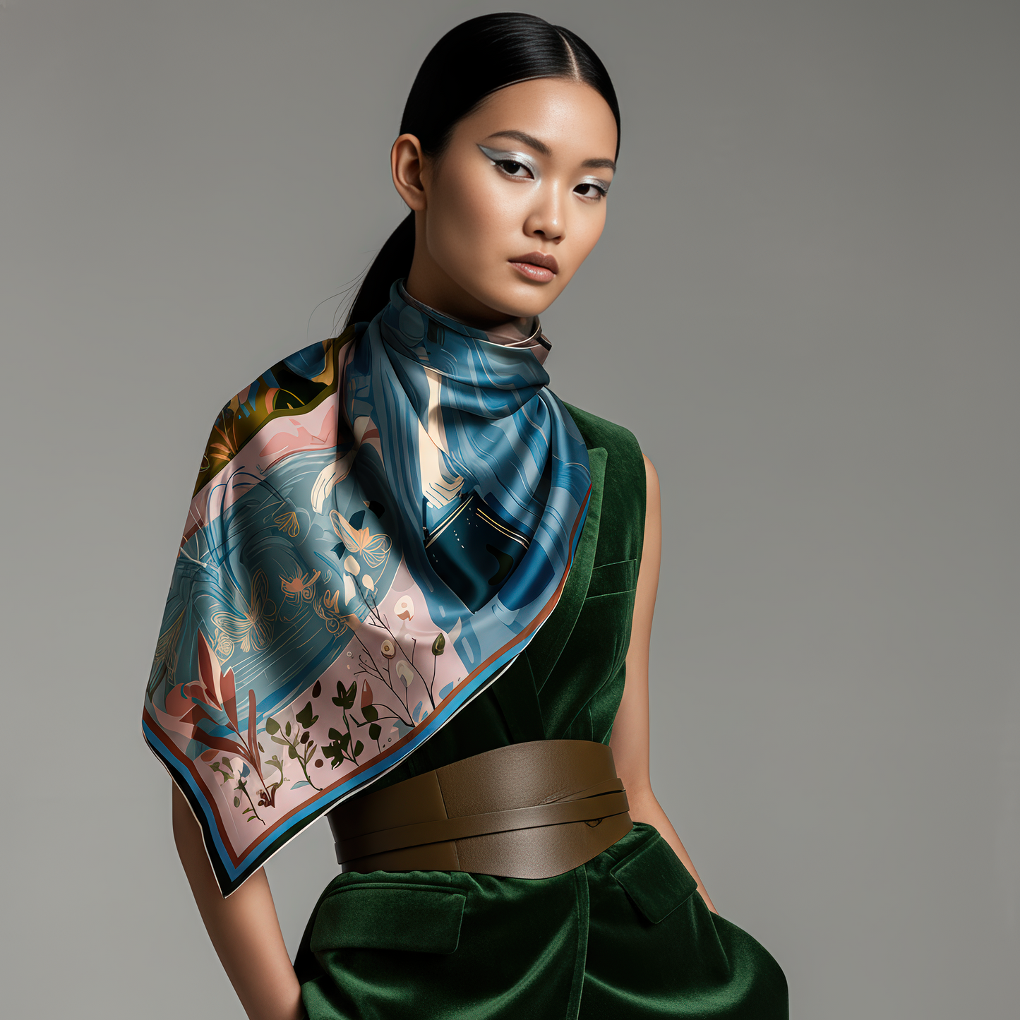 Luxurious silk twill scarf titled “Pond of Secrets” by NOE MI, featuring a surreal illustration of a woman beside a koi pond filled with dragonflies and butterflies, expressing feminine mystery and quiet power.