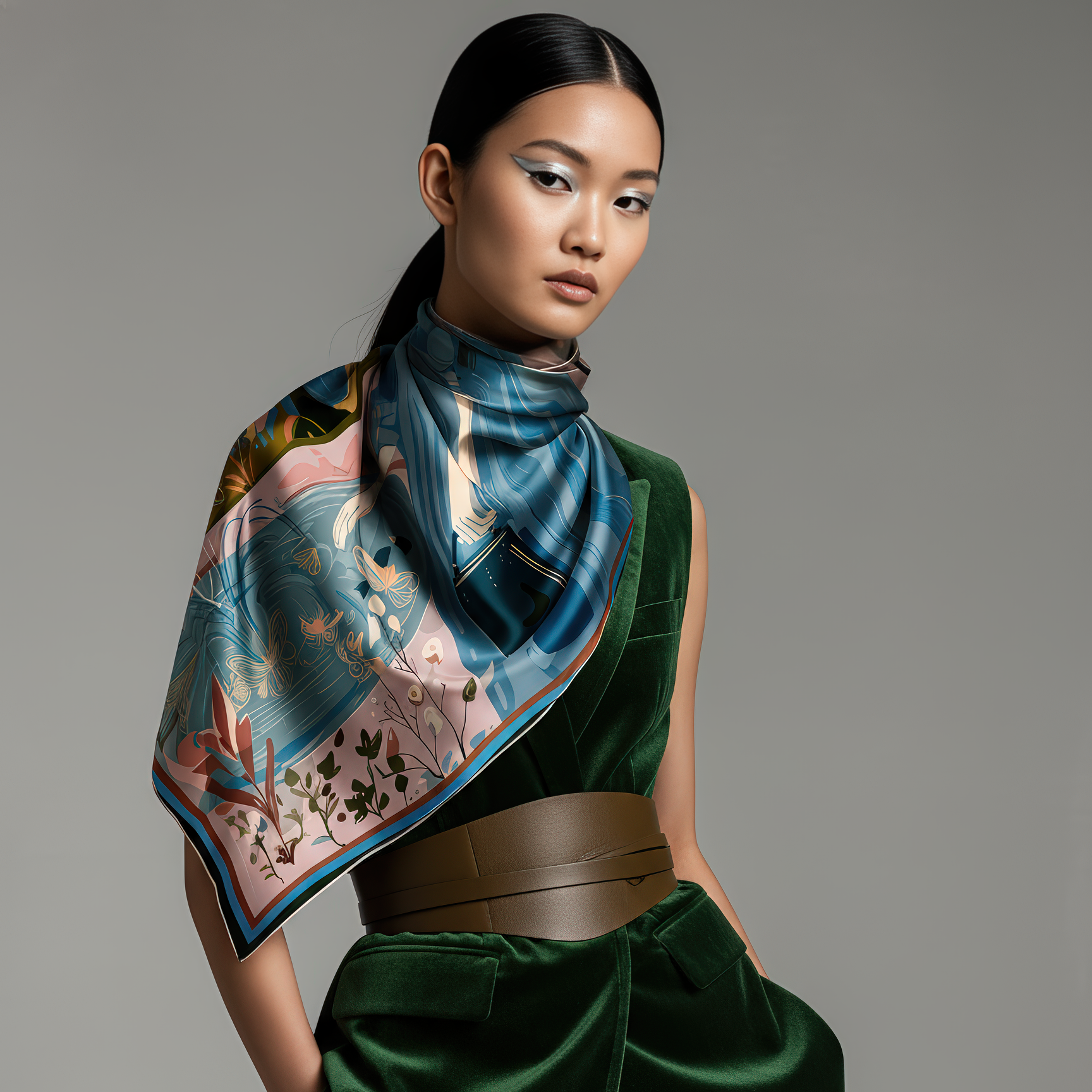 Luxurious silk twill scarf titled “Pond of Secrets” by NOE MI, featuring a surreal illustration of a woman beside a koi pond filled with dragonflies and butterflies, expressing feminine mystery and quiet power.