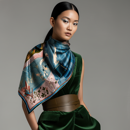 Luxurious silk twill scarf titled “Pond of Secrets” by NOE MI, featuring a surreal illustration of a woman beside a koi pond filled with dragonflies and butterflies, expressing feminine mystery and quiet power.