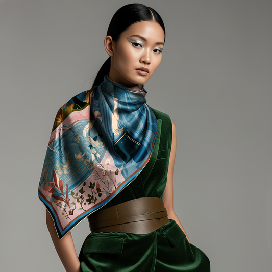 Luxurious silk twill scarf titled “Pond of Secrets” by NOE MI, featuring a surreal illustration of a woman beside a koi pond filled with dragonflies and butterflies, expressing feminine mystery and quiet power.