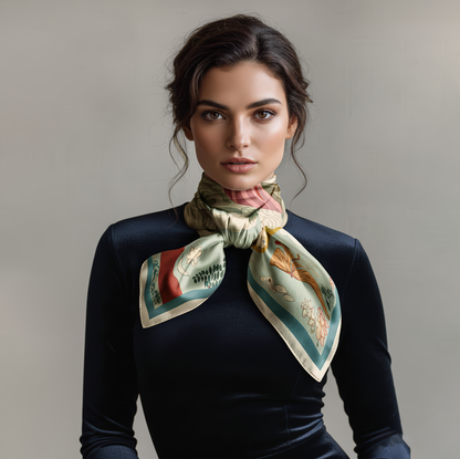 Artistic silk scarf from NOE MI, square luxury accessory with surreal feminine figure and symbolic elements in sage, red, and cream tones.