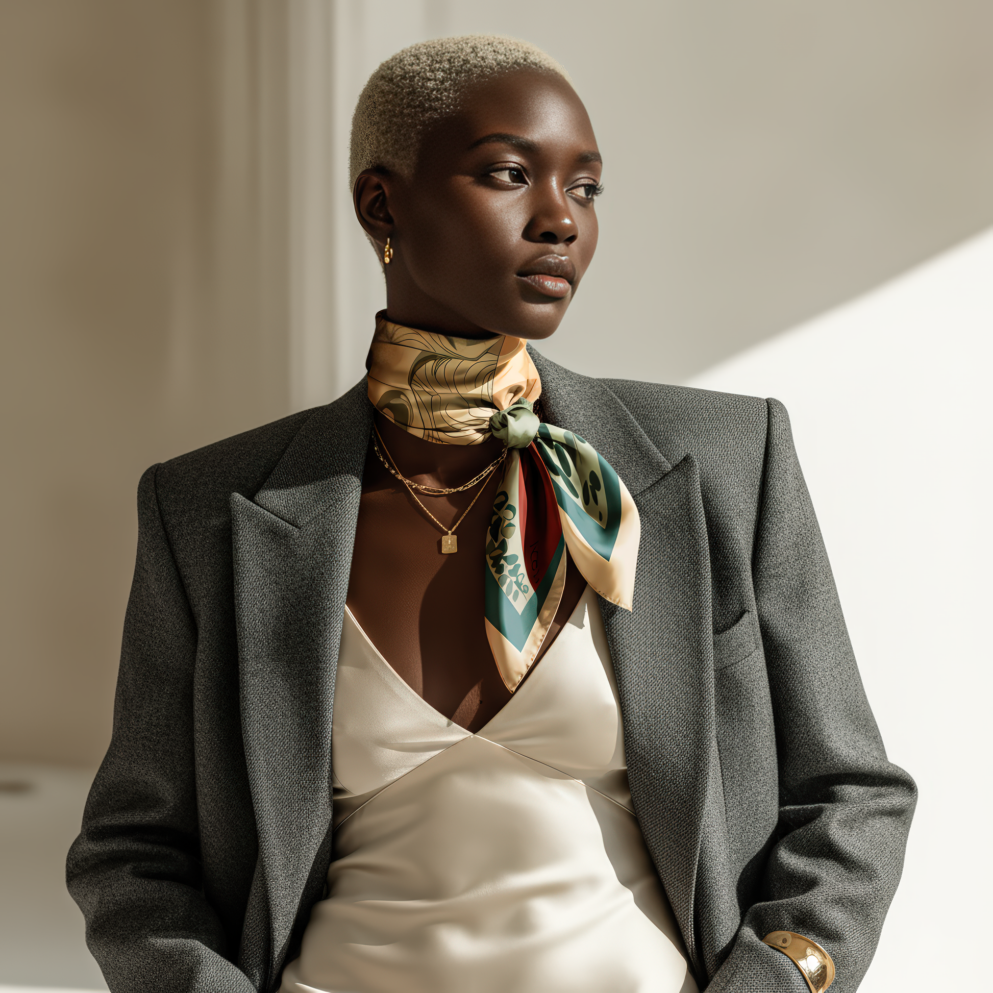 NOE MI silk twill scarf, luxury wearable art in green and red palette, featuring symbolic feminine portrait with botanical and celestial details.