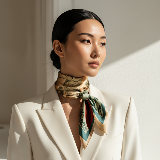 Designer silk scarf by NOE MI, luxury square scarf with surreal storytelling, feminine artwork in green, red, and cream tones.