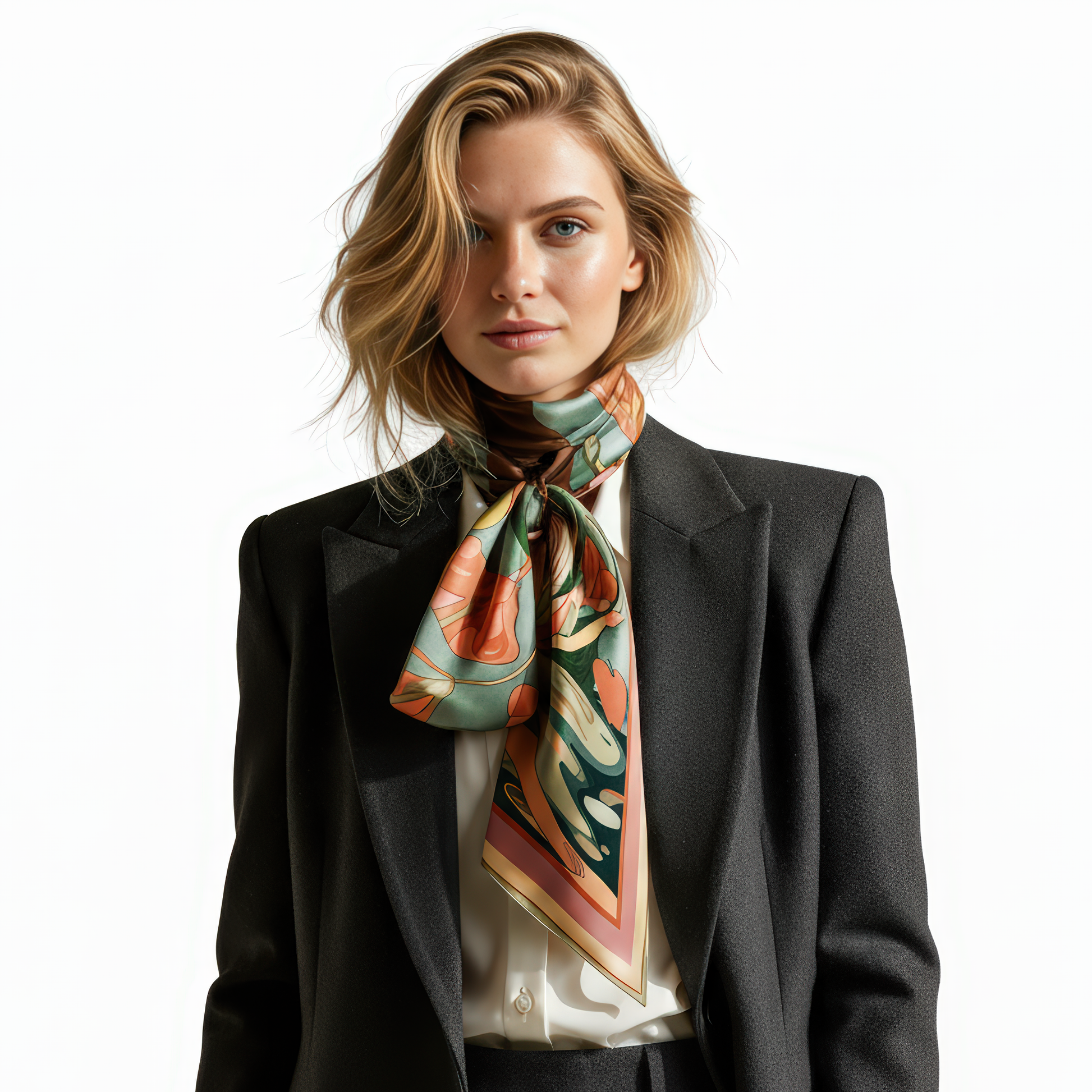 NOE MI Botanical Dreamer silk scarf, luxury square scarf in green, terracotta, and blush tones, featuring feminine surreal artwork with flowers, bird, and butterfly.