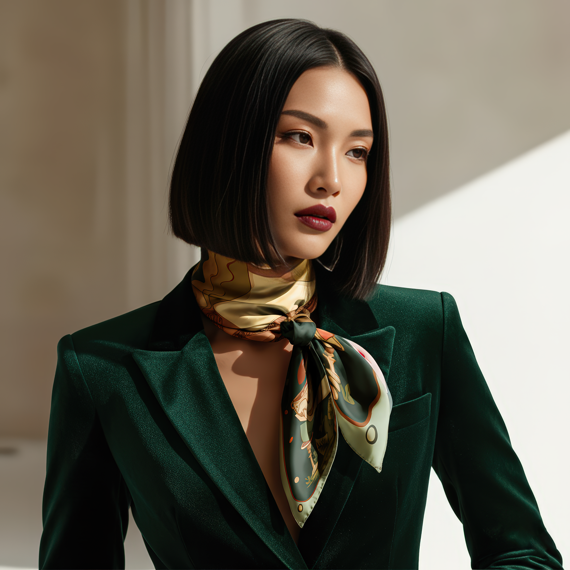 Woman wearing a silk patterned scarf ,Printed in rich, earthy tones on 100% silk twill, this scarf captures the depth and warmth of Noemi Safir’s original painting