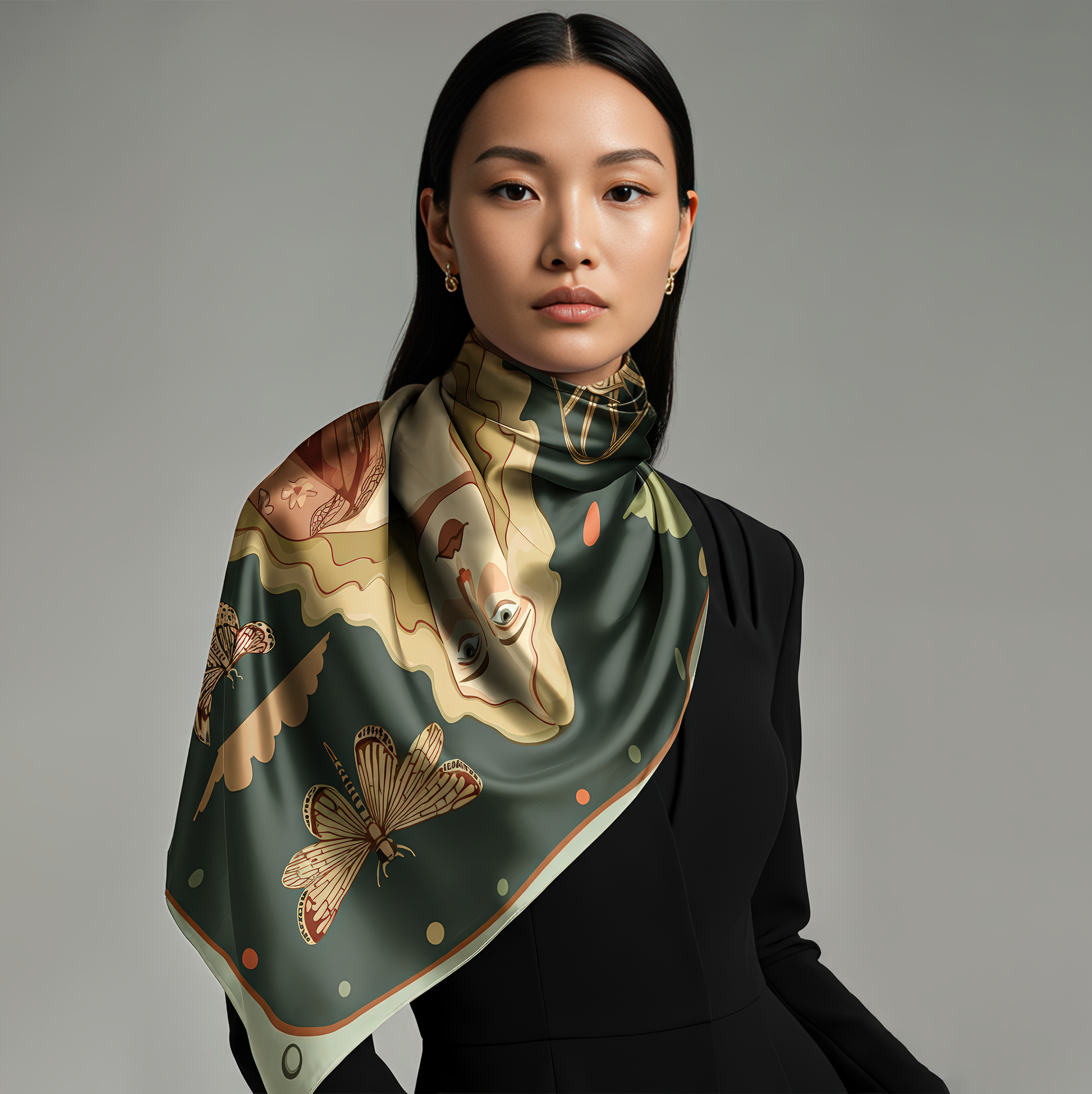 Woman wearing a green patterned 100% silk twill scarf around her neck by NOE MI