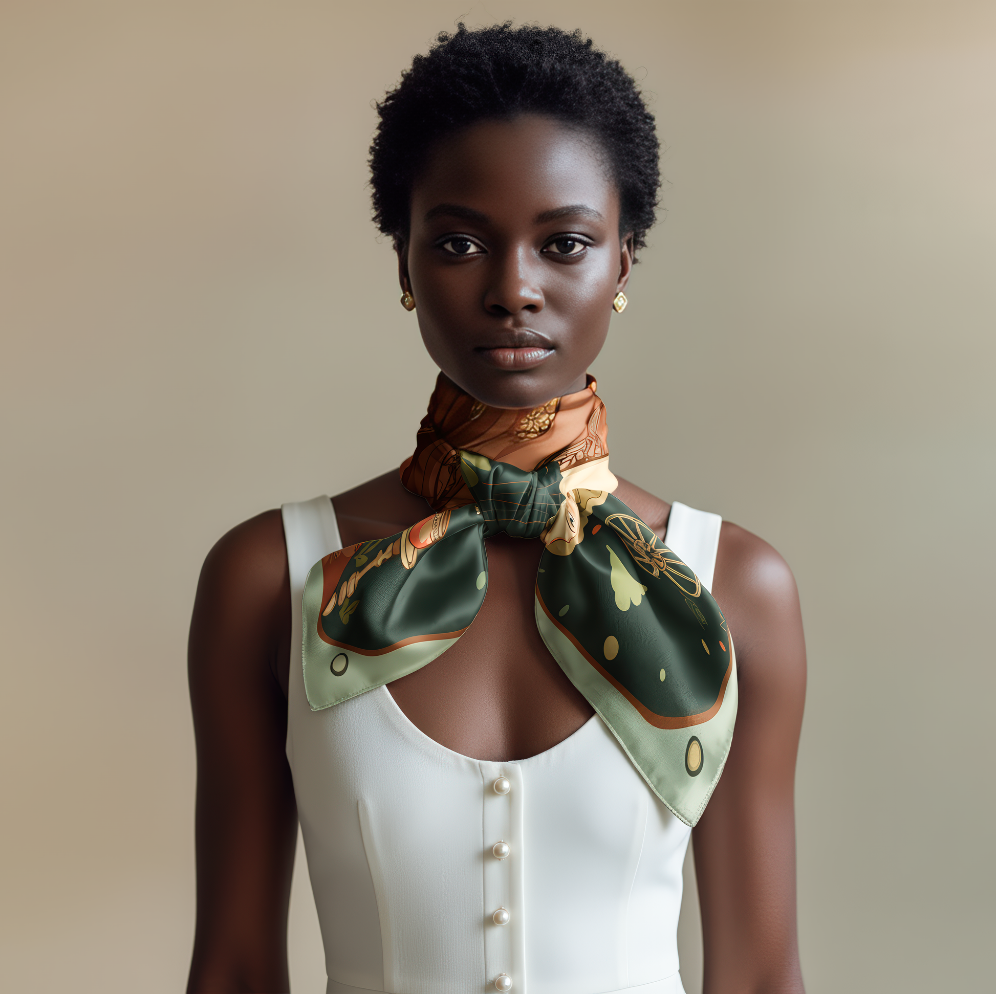 Woman wearing a patterned silk scarf around her neck , Made from 100% silk twill with hand-rolled edges by NOE MI