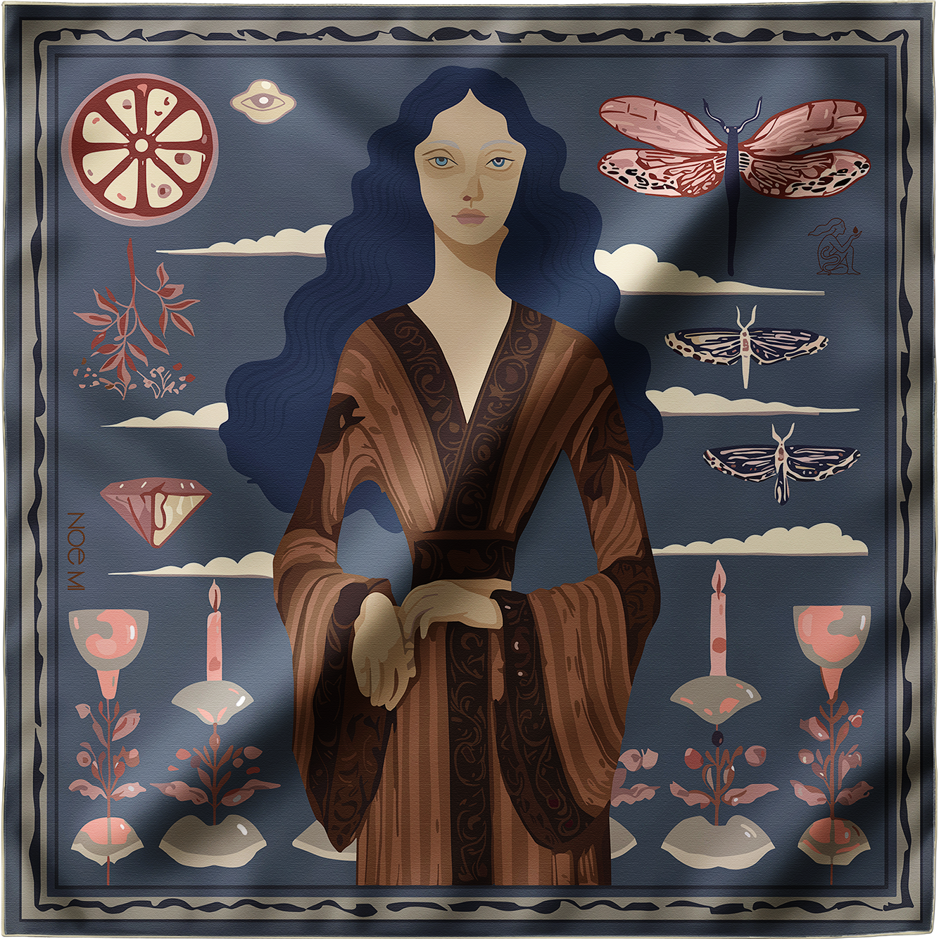 NOE MI Ginger Lace Indigo silk scarf is a high end fashion piece combining rich color harmony, symbolic illustration, and elegant silk texture.