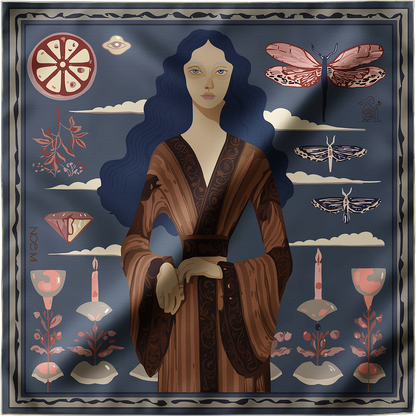 NOE MI Ginger Lace Indigo silk scarf is a high end fashion piece combining rich color harmony, symbolic illustration, and elegant silk texture.