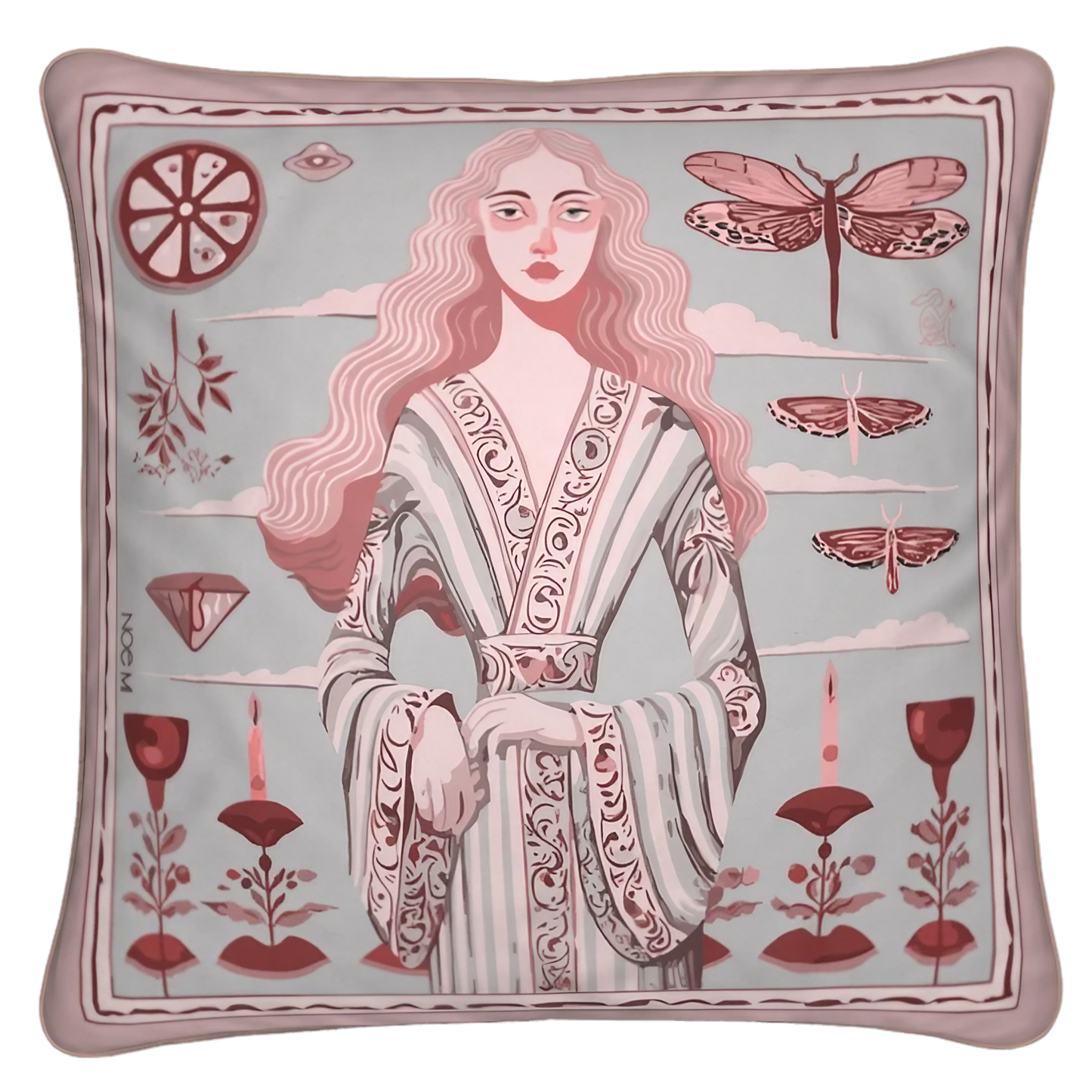 Designed for homes filled with meaning and layers of personal style, this cushion from NOE MI blends fashion and fine art.