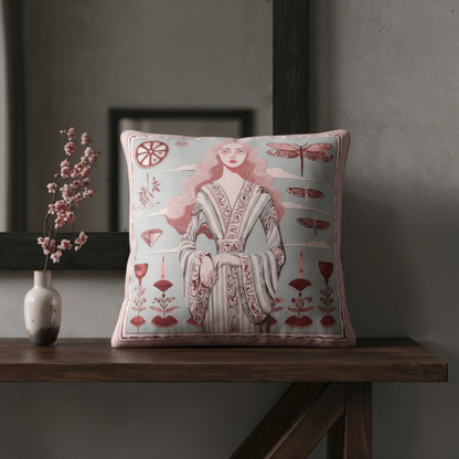 This square cushion crafted from velvet shimmer with a smooth finish, an art-inspired cushion iby NOE MI, It celebrates femininity, introspection and symbolic beauty,  a modern heirloom for your sofa, reading nook, or curated bedroom.