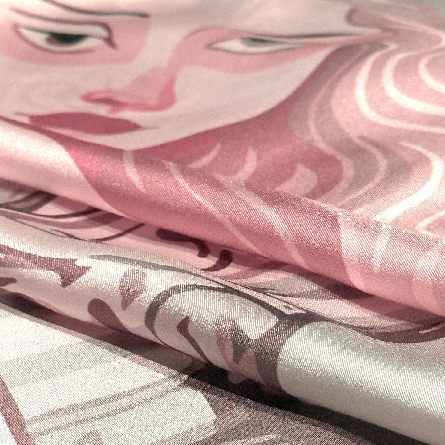 NOE MI Ginger Lace silk scarf, square accessory featuring surreal feminine design with dragonflies, flowers, and symbolic details in pink and ivory palette.