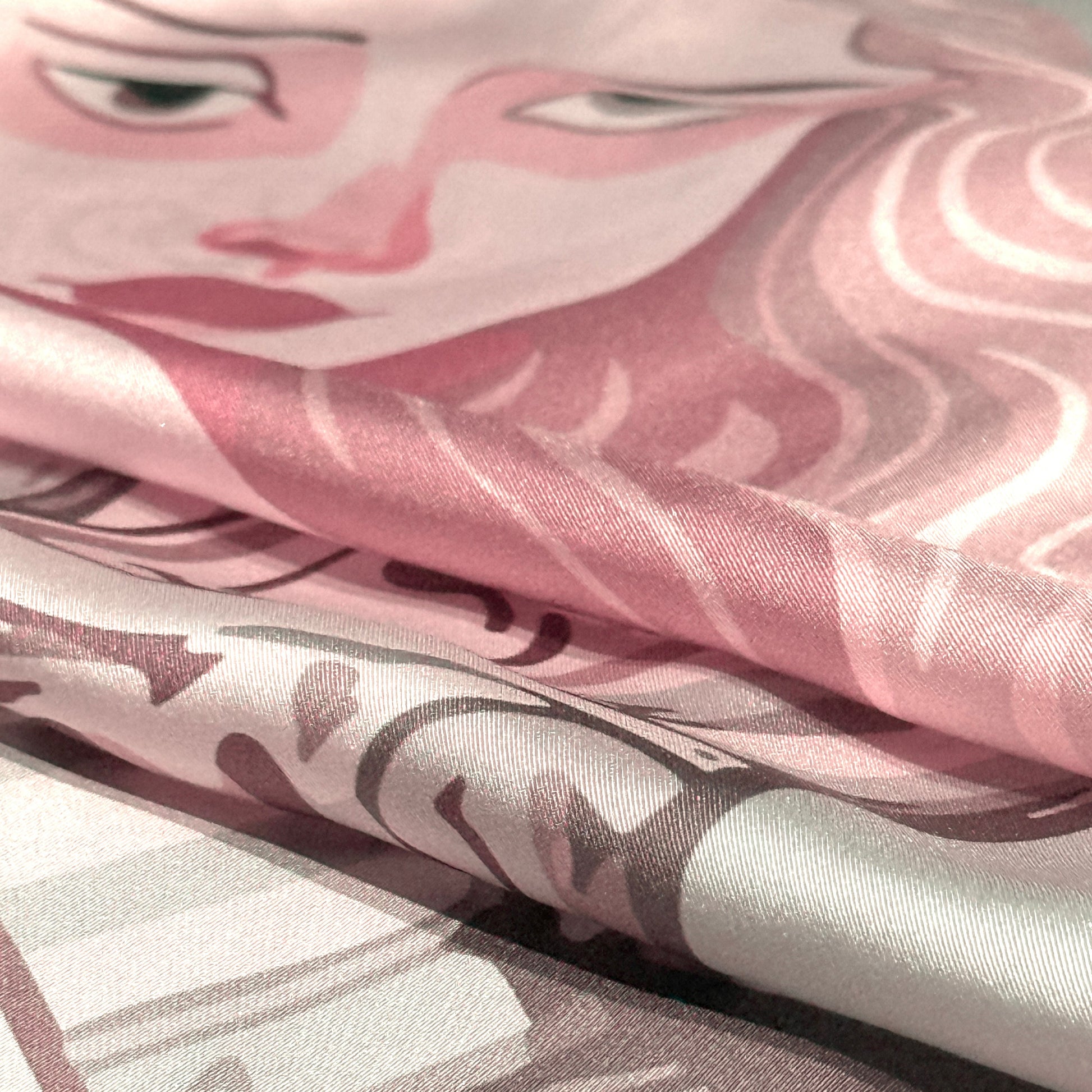 NOE MI Ginger Lace silk scarf, square accessory featuring surreal feminine design with dragonflies, flowers, and symbolic details in pink and ivory palette.