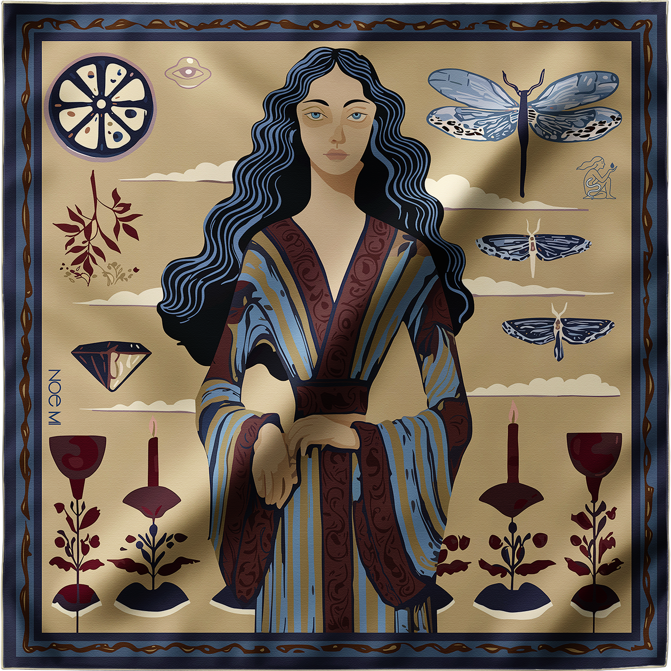 Designer silk scarf by NOE MI with rich burgundy palette and artistic illustration, premium silk twill accessory for luxury fashion styling worldwide.