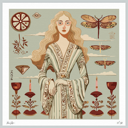 Illustration of a woman in an ornate dress surrounded by nature elements on a light green background, wall art by NOE MI, Perfect as a collectible art print or gift for art lovers