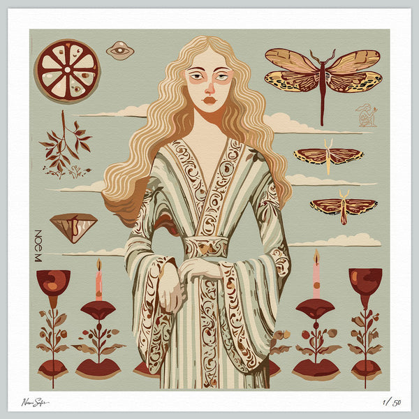 Illustration of a woman in an ornate dress surrounded by nature elements on a light green background, wall art by NOE MI, Perfect as a collectible art print or gift for art lovers