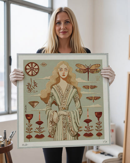 artist Noemi Safir with her artwork of a woman with decorative elements, Archival, acid-free paper for long-lasting quality
