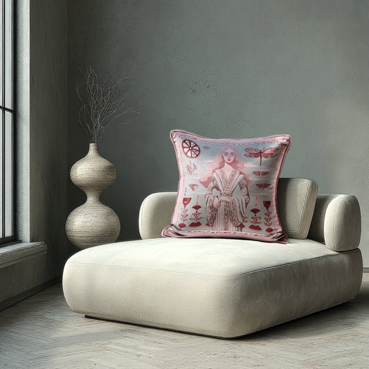 This square cushion crafted from velvet shimmer with a smooth finish, an art-inspired cushion iby NOE MI, It celebrates femininity, introspection and symbolic beauty,  a modern heirloom for your sofa, reading nook, or curated bedroom.