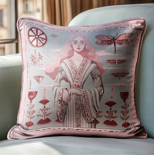 a square velvet pillow that feels as luxurious as it looks. Featuring a refined female figure surrounded by symbolic elements , The dusty rose and ivory palette adds softness to any space while the intricate details invite a closer look. designed by NOE MI