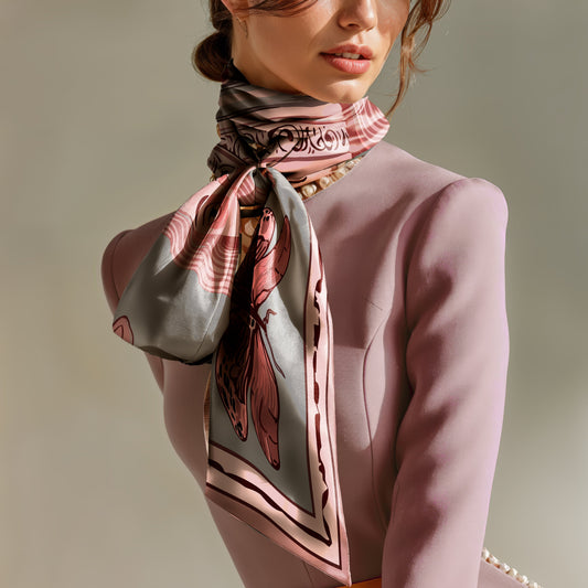 Woman wearing a printed silk twill scarf around her neck . The palette flows in shades of dusty rose, cool light grey and burgundy