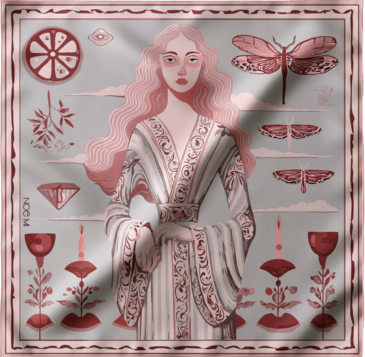 Decorative NOE MI silk twill scarf with a woman's portrait and nature-themed design