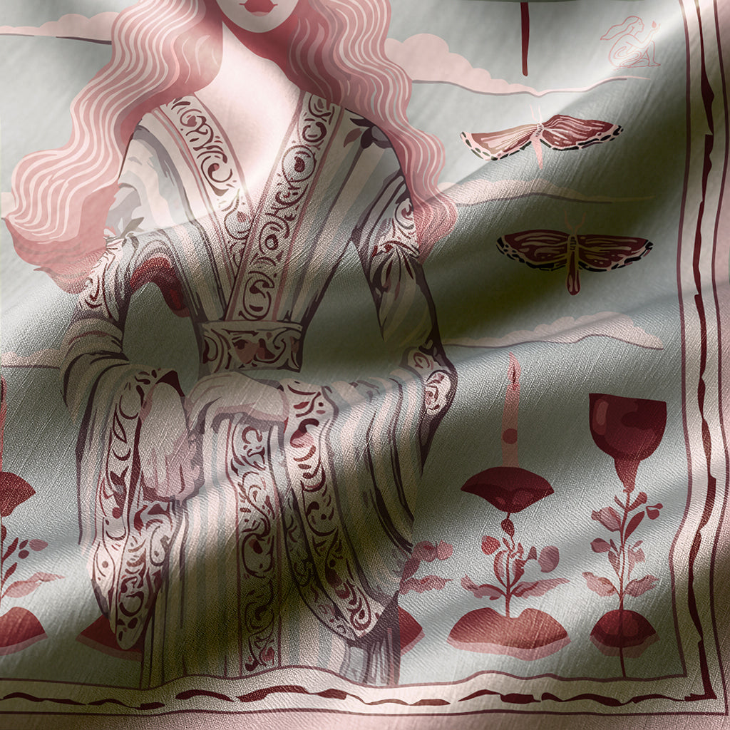 twill silk scarf with intricate patterns and designs in pink and brown on a light background