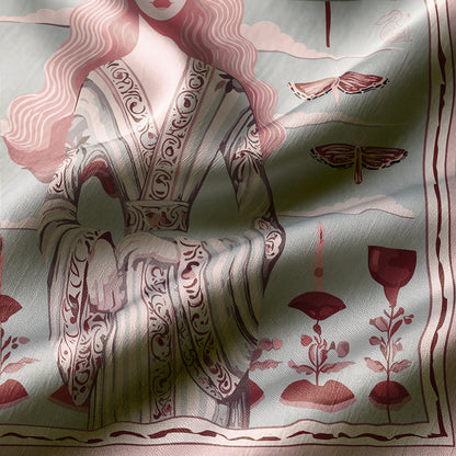 twill silk scarf with intricate patterns and designs in pink and brown on a light background