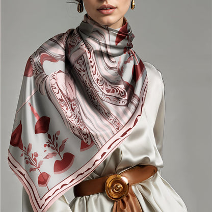 NOE MI Ginger Lace silk scarf, luxury square scarf in blush pink, ivory, and red tones, featuring feminine surreal artwork with symbolic dragonflies, flowers, and candles.